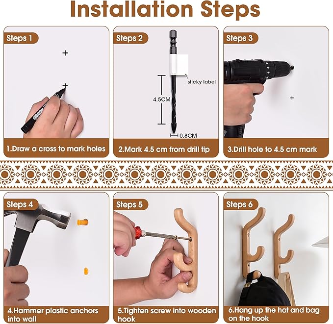 Wooden Wall Hook for Coat and Towel – 2 Pack Beech Wood Hooks for Heavy Bags, Towels, Hats & Clothes, WCH3B, Wall Mounted 3 Curved Hooks Design, Modern Home Decor, Patent Pending, Large