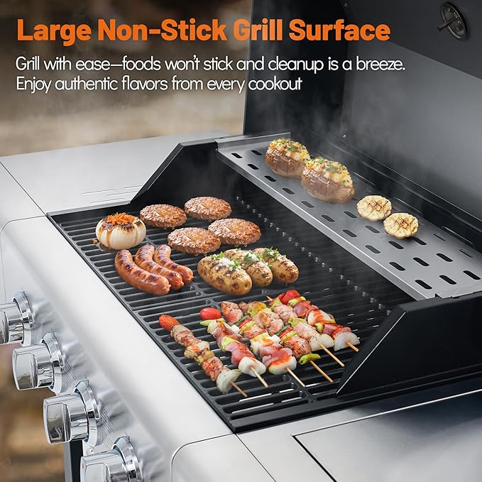 5-Burner Propane BBQ Grill with Side Burner, Each Main Burner 10,000 BTU, 50,000 BTU Total, Stainless Steel Outdoor Gas Grill, Porcelain Cast Iron Grates, Lockable Wheels for Backyard & Patio