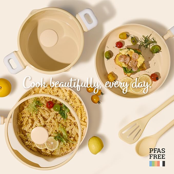 CAROTE Pots and Pans Set Nonstick, Ceramic Cookware Set, Yellow Cooking Set Kitchen Induction Set with Steamer, PFAS PTFE Free,9 Piece