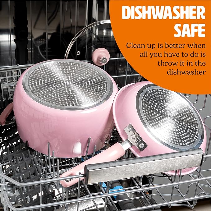 Tasty Clean Ceramic Non-Stick Aluminum Cookware Set, Tempered Glass Lid, Dishwasher Safe, 16-Piece, Pink