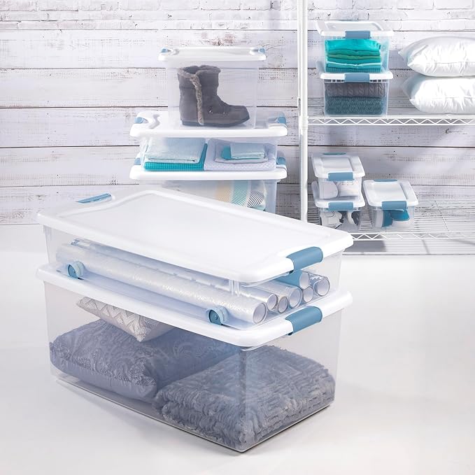 Sterilite 16-Pack Latching Box, Under Bed Storage Bins with Lids, Clear Plastic, 106 Quart - Heavy-Duty Organizing Containers for Closet, Bathroom, and Office