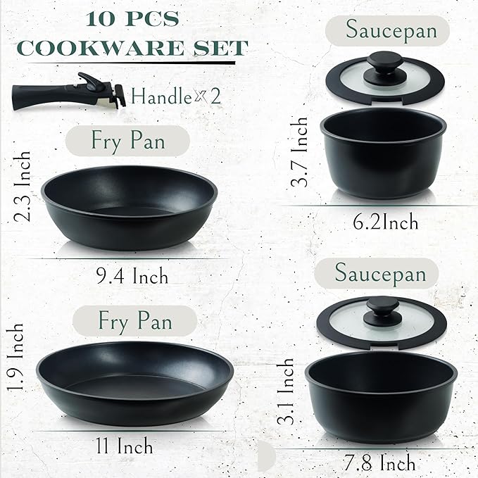 Moss & Stone 10pcs Nonstick Cookware Pans with Removable Handles, Space Saving Pots and Pans with Removable Handles, RV Pots and Pans Set for Camping, Oven and Induction Ready