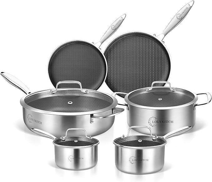 LOLYKITCH Frying Pan Set Nonstick, 10 Pieces Stainless Steel Cookware Set Skillet with Detachable Handle, Induction & Oven Safe, Professional Non-Toxic PFOA Free Pans for Everyday Cooking
