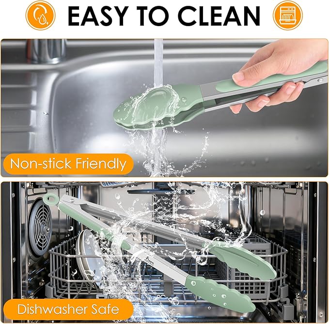 HOTEC Premium 7 & 9 Inch Kitchen Tongs, Stainless Steel Locking Cooking Tongs with Silicone Tips, Non-Scratch & Heat Resistant, Serving Tongs for Salad, BBQ, Light Green, Set of 2