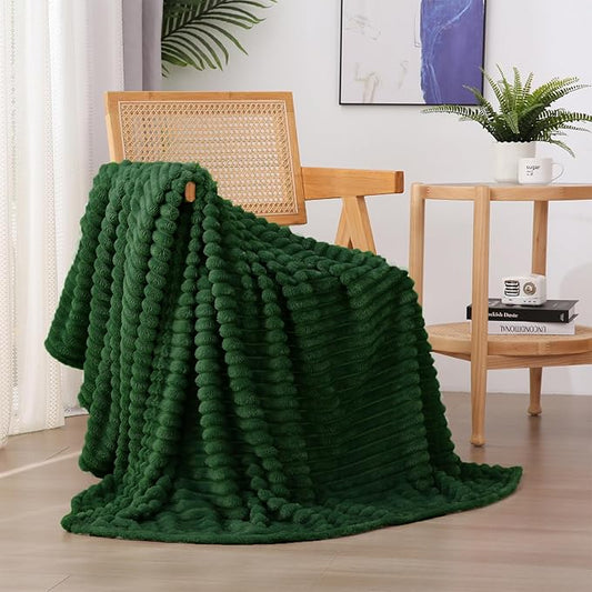 Green Fleece Throw Blanket 60”×80” for Couch Sofa Bed,Super Soft Cozy Plush Microfiber Flannel Blanket with Stripes Design Lightweight for Adults,Woman,Girls