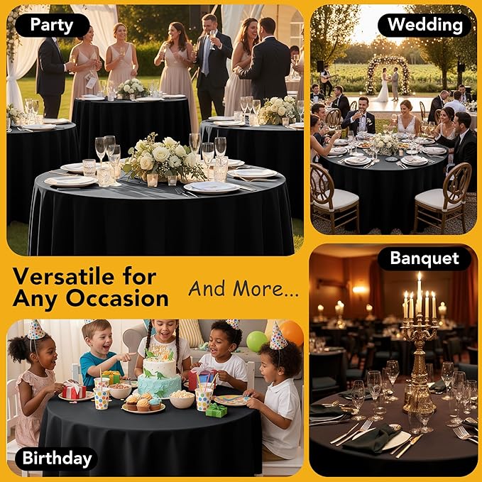 6-Pack Black Round Tablecloths, 132 Inches, Stain-Resistant Polyester for 6-8 Ft Round Tables - Washable Table Covers for Weddings, Banquets, Birthday Parties, Events