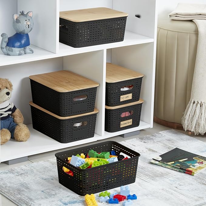Bagnizer Small Plastic Storage Bins with Bamboo Lids 5.2qt Stackable Box Basket Pantry Decorative Containers Cute with Labels for Organizing Desktop Closet Office Black of 6 packs 10 * 7.2 * 4.1"