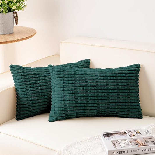 Pack of 2 Christmas Green Corduroy Decorative Throw Pillow Covers 12x20 Inch Soft Striped Pillow Covers Modern Farmhouse Home Decor for Sofa Living Room Couch Bed（Blackish Green）