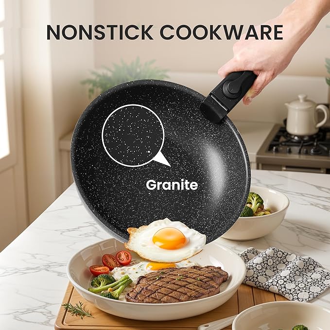 Simple Deluxe 12 Pcs Cookware Set, Non-Stick Pots and Pans Set, with Black Granite Texture and Detachable Handles, Resistant to High Temperatures, Oven Safe, PFAS and PFOA Free, Black