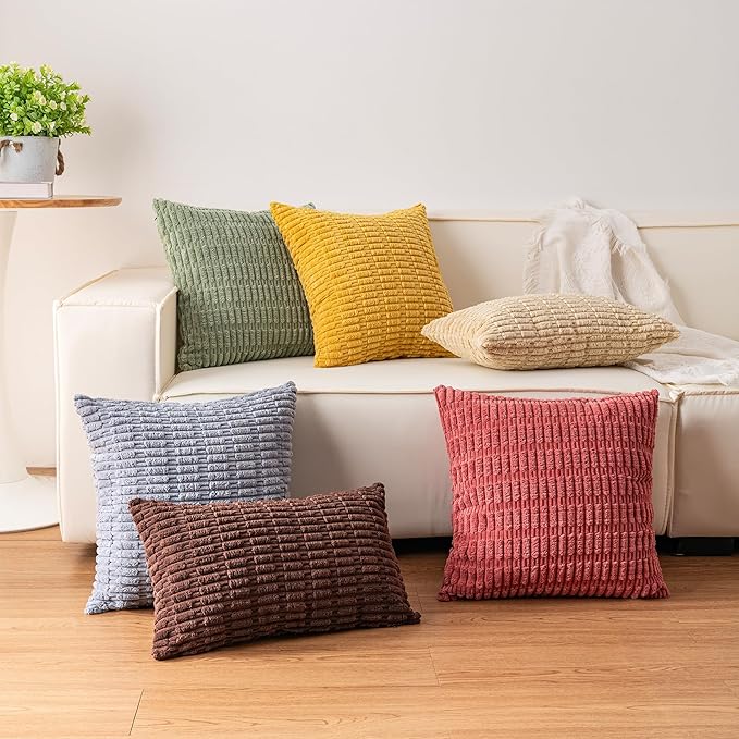 Pack of 2 Corduroy Decorative Throw Pillow Covers 22x22 Inch Soft Striped Pillow Covers Modern Farmhouse Home Decor for Sofa Living Room Couch Bed（Light Grey）