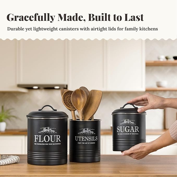 noonberry Kitchen Canisters for Countertop – 3-Piece Airtight Canister Set for the Kitchen Counter with Utensil Holder – Flour Sugar Containers – Matte Black Finish