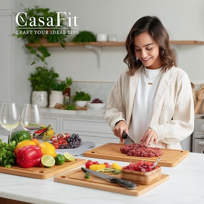 Bamboo Cutting Board 3-Piece Set with Juice Grooves – Non-Slip Wooden Chopping Boards for Kitchen & Housewarming Gfit, Multi-Size Serving Tray for Meat, Vegetables, Fruits