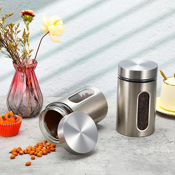 3 Pack Large Kitchen Canisters Set Airtight Coffee Sugar Tea Candy Storage Jars with Window Glass Stainless Steel Containers with Lids for Flour Cookies Spices Grains Kitchen Decorations(32 oz)
