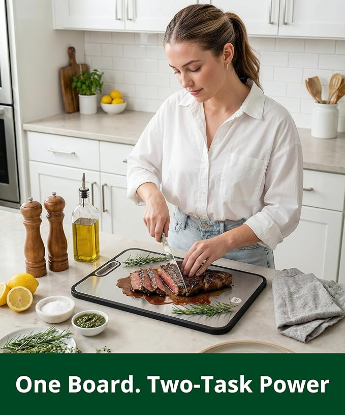 Titanium Cutting Board for Kitchen, Double Sided 100% Pure Titanium & PP Cutting Board with Deep Juice Groove, Metal Chopping Board, Easy to Clean Large Durable Cutting Board for Meat (15" x 10.3")