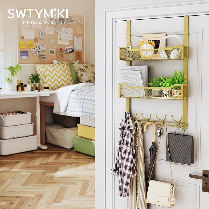 SWTYMIKI Over The Door Hooks Organizer - Multi-Functional Door Hanger with 16 Hooks & 2 Mesh Baskets, Long Coat Rack for Bathroom, Bedroom, Living Room, Home Storage Organizer, Gold