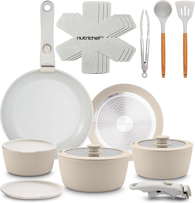 NutriChef 18-Piece Ceramic Cookware Set with Detachable Handles, Non Stick Pots and Pans, PTFE-Free Natural Ceramic Coating, Space-Saving Design, Oven & Stove Safe, Includes Utensils, Cream