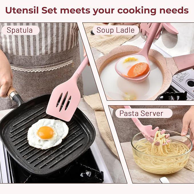Silicone Kitchen Utensil Set,8 Pieces Cooking Kitchen Utensils Set, Spatula, Spoon, Non Stick Silicone Gadgets Utensil Set with Holder,Heat Resistant Cooking Tools Set for Cooking, BPA Free (Pink)