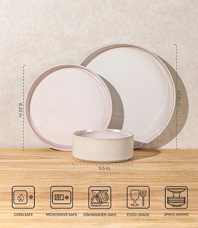 TheTerra Ceramic Dinnerware Sets for 8, 24 Pieces Porcelain Lightweight Plates and Bowls Sets, Scratch Resistant Dish Set, Oven & Microwave & Dishwasher Safe, Primrose Pink