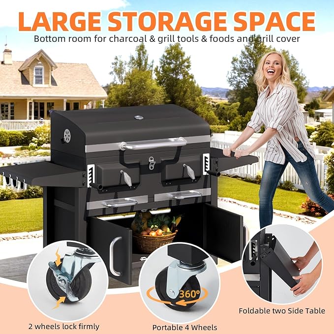 MELLCOM 36 In Large Charcoal Grills - 620 Sq.In Oversized BBQ Area with Storage Cabinet & Individual Lifting Charcoal Trays, Foldable Side Tables and Thermometer for Outdoor, Patio, Balcony