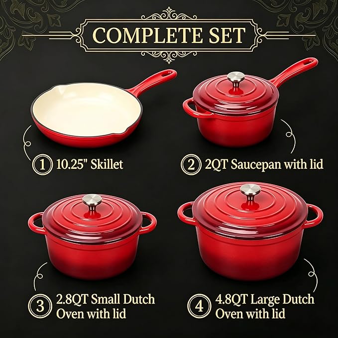 QuliMetal Enameled Cast Iron Cookware Set, 4-Piece Pots and Pans Set with Lids, 10.25" Skillet, 2QT Saucepan, 2.8QT & 4.8QT Dutch Ovens, Oven Safe to 500°F, All Stovetops Compatible - Rouge Red