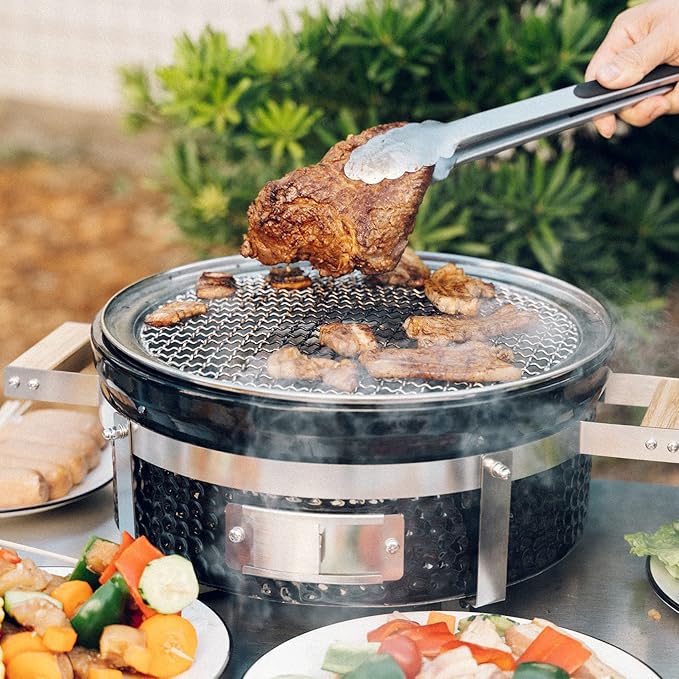 Ceramic Hibachi Charcoal Grill with Grid Lifter, 14" Portable BBQ Yakitori Grill with Stainless Steel Grate for Outdoor Patio Backyard Barbecue Cooking, GS305