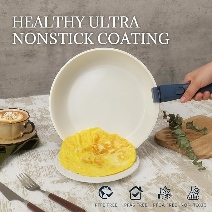 8Pcs Pots and Pans Set Nonstick Ceramic Cookware Set Removable Handle Induction Kitchen Cooking Set with Frying Pans and Sauce Pan, Blue