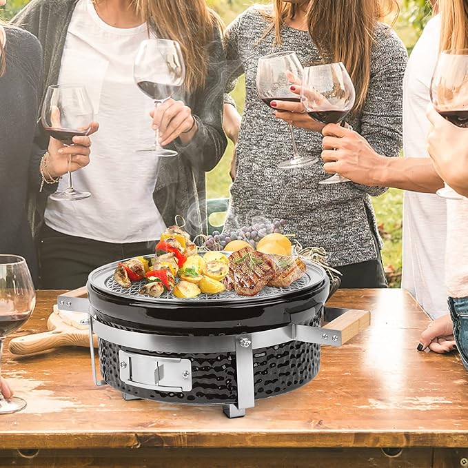 Ceramic Hibachi Charcoal Grill with Grid Lifter, 14" Portable BBQ Yakitori Grill with Stainless Steel Grate for Outdoor Patio Backyard Barbecue Cooking, GS305