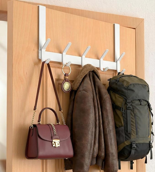 Over The Door Hooks Hanger with 7" Arms for Hanging Heavy Coats, Towel, J7U, Perfectly Fits US Standard 1 3/4-inch Doors, Towel Rack Bathroom Organizer Holder, Rustproof, White