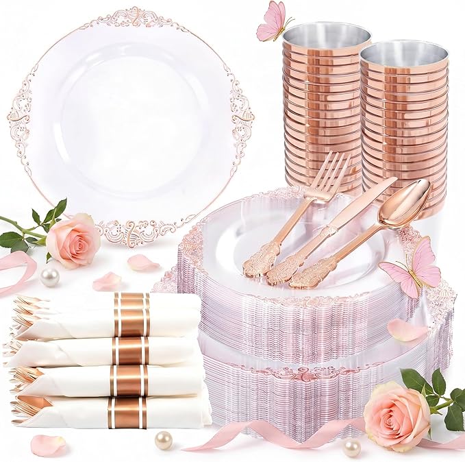 Nervure 350PCS Rose Gold Plastic Plates - Rose Gold Plastic Dinnerware Sets for 50 Guests - 100 Disposable Plates, 150 Silverware, 50 Cups, 50 Napkins Perfect for Wedding & Party & Mothers Day