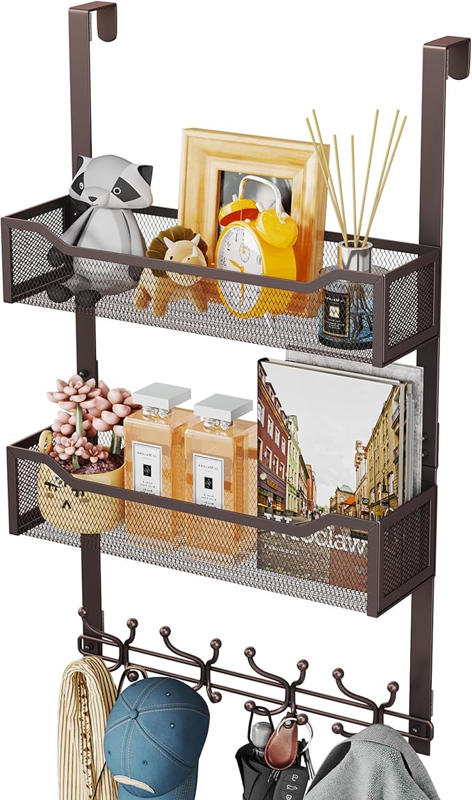 SWTYMIKI Over The Door Hooks Organizer - Multi-Functional Door Hanger with 16 Hooks & 2 Mesh Baskets, Long Coat Rack for Bathroom, Bedroom, Living Room, Home Storage Organizer, Bronze