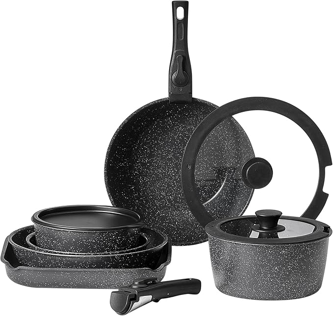 VEVOR 17 Piece Pots and Pans Set, Granite Nonstick Detachable Handle Cookware, Space Saving Induction Cookwares, Kitchen RV Cooking Sets with Frying, Sauce, Saute, Tempered Glass Lid, Oven Safe, Black