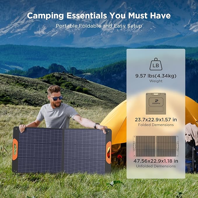 ZOUPW 110 Watt Portable Solar Panel for Jackery Explorer 300/500/Ecoflow/Anker Solix/Bluetti, Foldable Monocrystalline Solar Charger IP67 Waterproof Offgrid Power for Camping RV Battery Backup