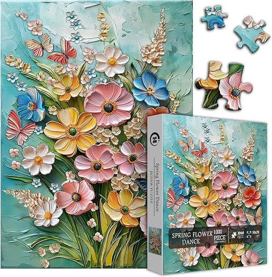 Flower Puzzles for Adults 1000 Pieces, Spring Plant Floral Jigsaw Puzzle, Butterfly Garden Wildflower Art Puzzle Painting