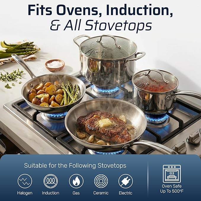 Gotham Steel 10 Pcs Tri Ply Stainless Steel Cookware Set, Pots and Pans Set with Induction Bottom, Made Without PTFE PFOA PFOS, Metal Utensil Safe, Oven and Dishwasher Safe