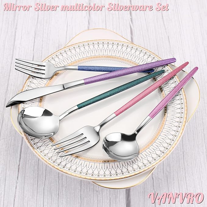 VANVRO Mirror Silver multicolor Silverware Set, 20-Piece Stainless Steel Flatware Set, Satin Finish tableware Cutlery Set, Service for 4, Home and Restaurant, Dishwasher Safe