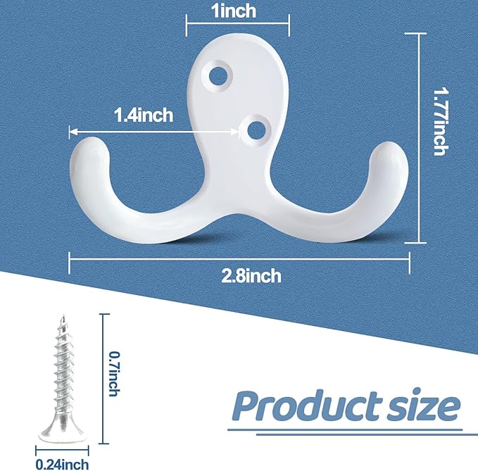 20 Pack Coat Hooks Wall Hooks for Hanging, Heavy Duty Double Prong Metal Hook Wall Mounted for Living Room, Bathroom, Kitchen, Bedroom for Coat, Bag, Scarf, Towel, Hat, Key, Cup (White)