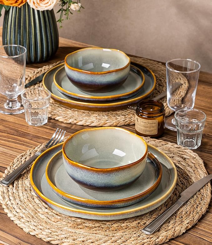 TheTerra Ceramic Dinnerware Sets for 4, 12 Pieces Handmade Reactive Glaze Plates and Bowls Sets, Scratch Resistant Dish Set, Oven & Microwave & Dishwasher Safe, Brown Blue
