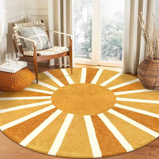 Lahome Sun Round Rug: 3ft Washable & Non-Slip Distressed Boho Rainbow Sun Print for Nursery, Bedroom, Bathroom, Living Room, Entryway & Accent Sofa
