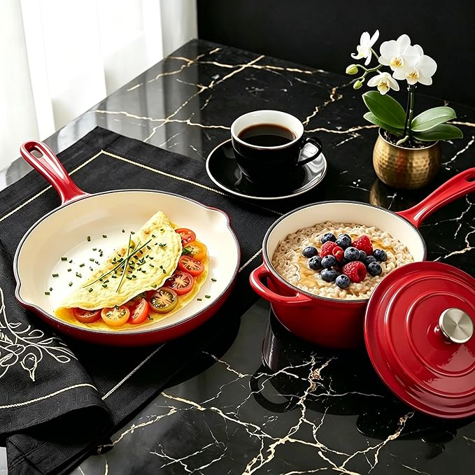 QuliMetal Enameled Cast Iron Cookware Set, 4-Piece Pots and Pans Set with Lids, 10.25" Skillet, 2QT Saucepan, 2.8QT & 4.8QT Dutch Ovens, Oven Safe to 500°F, All Stovetops Compatible - Rouge Red
