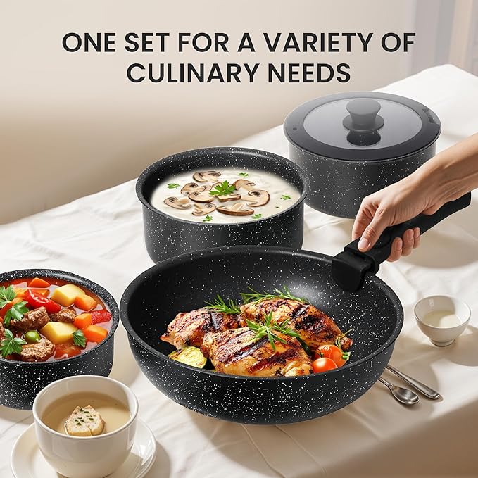 Simple Deluxe 12 Pcs Cookware Set, Non-Stick Pots and Pans Set, with Black Granite Texture and Detachable Handles, Resistant to High Temperatures, Oven Safe, PFAS and PFOA Free, Black