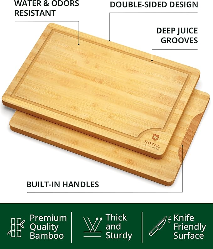 ROYAL CRAFT WOOD Organic Bamboo Cutting Board with Juice Groove - Chopping Board for Meat Butcher Block Cheese and Vegetables, 12x8"