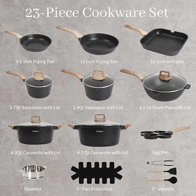 23Pcs Pots and Pans Set Non Stick, Kitchen Cookware Sets, Granite Induction Cookware Non Stick Cooking Set w/Frying Pans, Saucepans, Griddle, EggPan (Black)