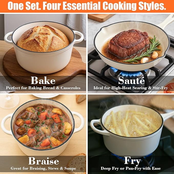 QuliMetal Nonstick Enameled Cast Iron Cookware Set, 5-Piece Pots and Pans Set with Lids, Skillet, Frying Pan, Saucepan & Dutch Oven for All Stovetops, PFOA Free, Ideal for Sourdough Bread Baking