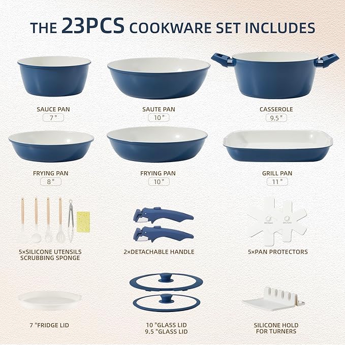 BECIGAR 23pcs Ceramic Pots and Pans Set, Nonstick Detachable Handle Cookware, Induction Kitchen Cooking Set with Removable Handle,include Frying Pans & Saucepans Oven Safe(Blue)