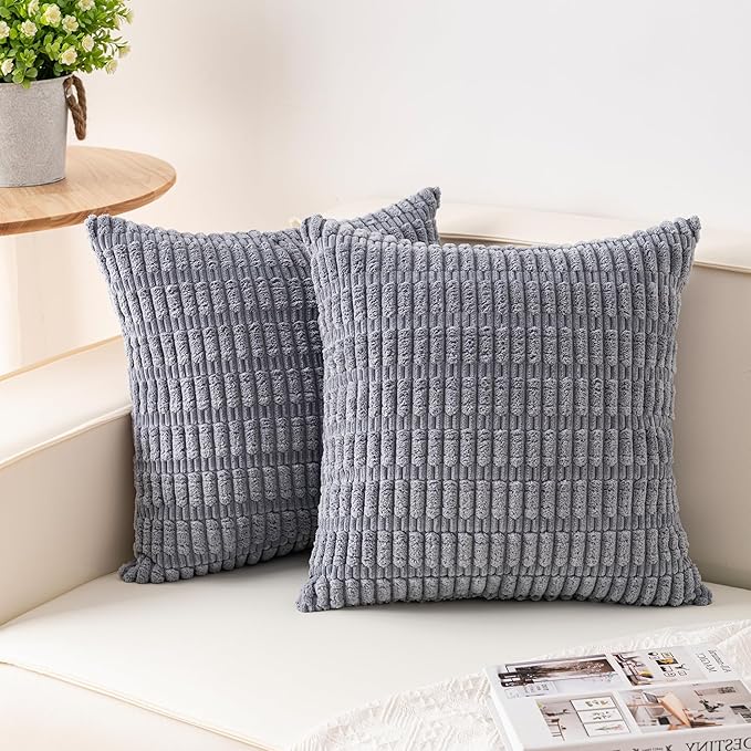 Pack of 2 Corduroy Decorative Throw Pillow Covers 22x22 Inch Soft Striped Pillow Covers Modern Farmhouse Home Decor for Sofa Living Room Couch Bed（Light Grey）