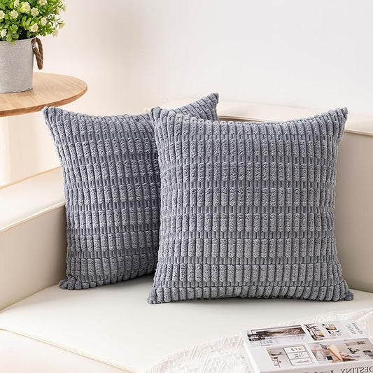Pack of 2 Corduroy Decorative Throw Pillow Covers 22x22 Inch Soft Striped Pillow Covers Modern Farmhouse Home Decor for Sofa Living Room Couch Bed（Light Grey）