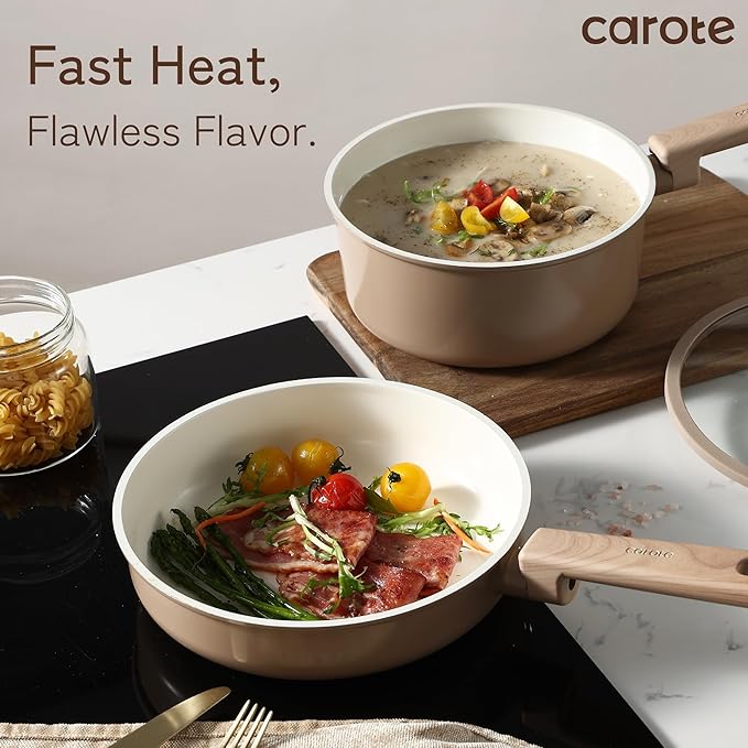 CAROTE 12Pcs Ceramic Pots and Pans Set Non Stick, Healthy Cookware Set, PFAS/PFOA Free, Kitchen Cooking Set with Frying Pans, Taupe