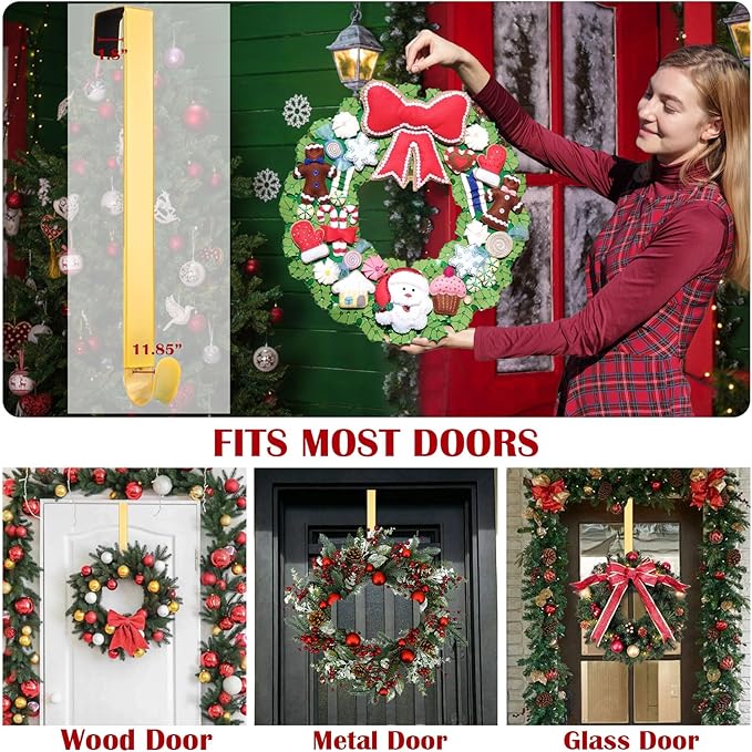 Wreath Door Hanger, Adjustable Wreath Hangers for Front Door from 15 to 25 Inch, Non Scratch Over the Door Hooks, 20lbs Metal Hook Perfect for Heavy Easter Halloween Christmas Wreaths Home Decorations