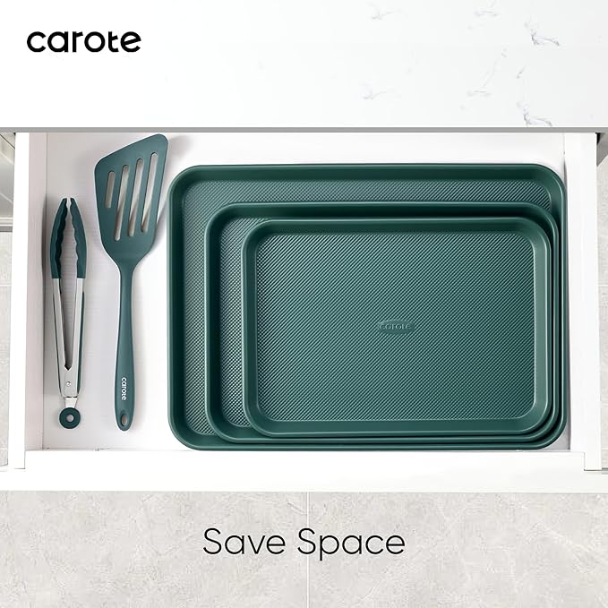 CAROTE 3-Piece Baking Pan Set - Bakeware Set, Baking Sheet Set Including 13 Inch 15 Inch 17 Inch Sheet Pan, Cookie Sheet for Baking, Deep Olive Green