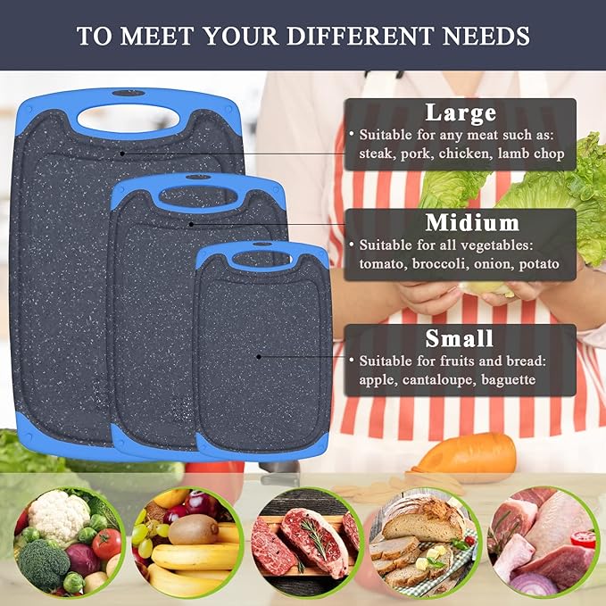 Viretang Non Slip Cutting Board, 3 Pieces Dishwasher Safe Cutting Boards with Juice Grooves, Easy Grip Handle, Non-Slip, with Grinding Area for Grinding Garlic and Ginger（blue）